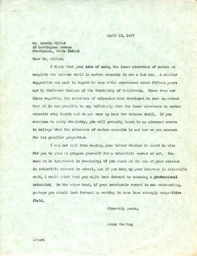 Letter from Linus Pauling to Morris Miller. Page 1. April 19, 1937