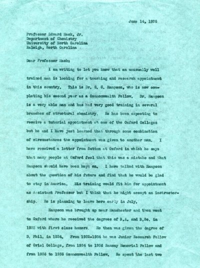 Letter from Linus Pauling to Edward Mack. Page 1. June 14, 1938