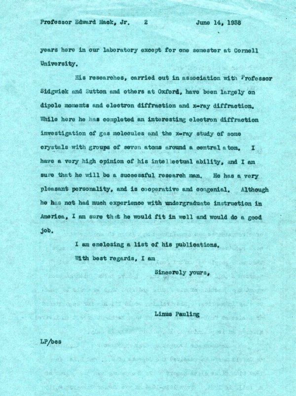 Letter from Linus Pauling to Edward Mack. Page 2. June 14, 1938