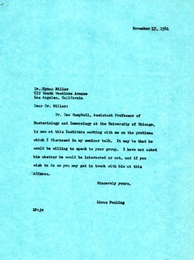 Letter from Linus Pauling to Hyman Miller. Page 1. November 17, 1941