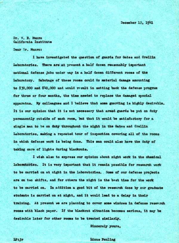 Letter from Linus Pauling to William B. Munro. Page 1. December 12, 1941