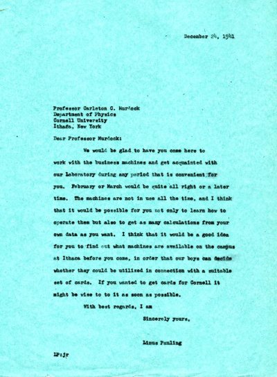 Letter from Linus Pauling to Carleton C. Murdock. Page 1. December 24, 1941