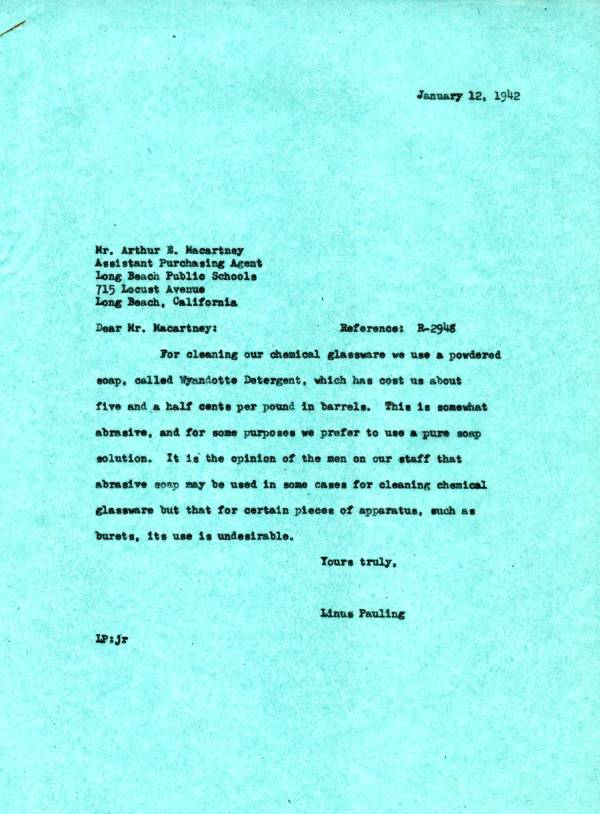 Letter from Linus Pauling to Arthur E. Macartney. Page 1. January 12, 1942