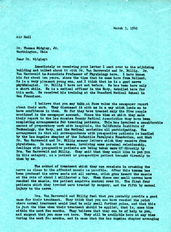 Letter from Linus Pauling to Thomas Midgley, Jr. Page 1. March 3, 1942