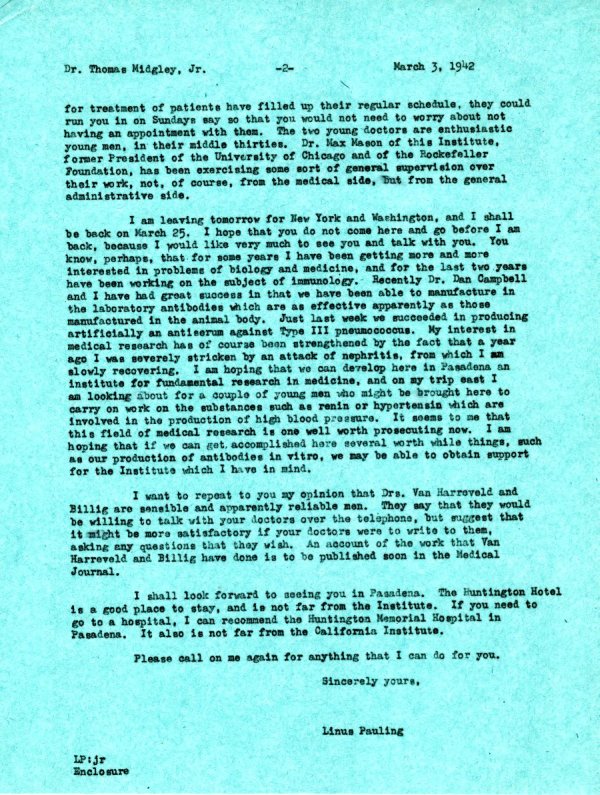 Letter from Linus Pauling to Thomas Midgley, Jr. Page 2. March 3, 1942