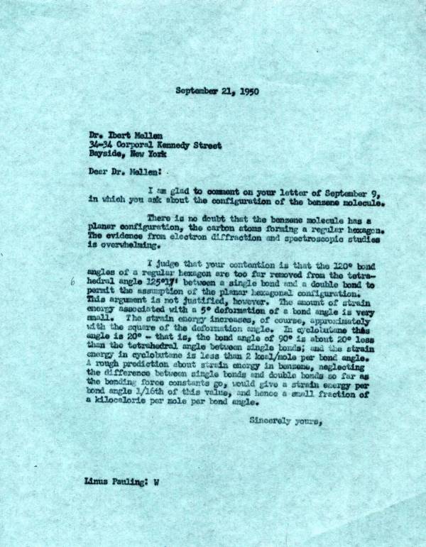 Letter from Linus Pauling to Ibert Mellen. Page 1. September 21, 1950