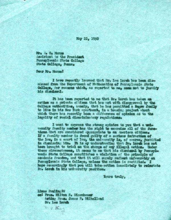 Letter from Linus Pauling to A.O. Morse. Page 1. May 22, 1950