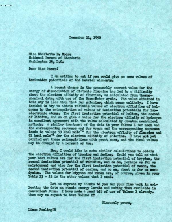 Letter from Linus Pauling to Charlotte Moore. Page 1. December 21, 1950