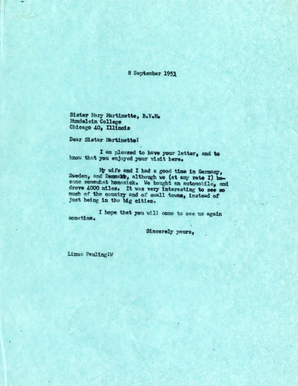Letter from Linus Pauling to Sister Mary Martinette. Page 1. September 8, 1953