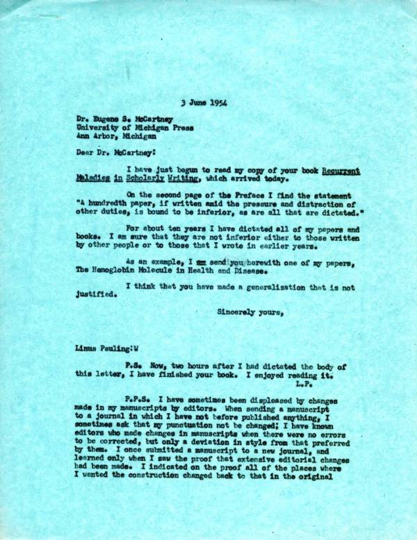 Letter from Linus Pauling to Eugene S. McCartney. Page 1. June 3, 1954