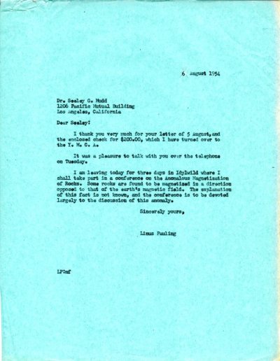 Letter from Linus Pauling to Seeley G. Mudd. Page 1. August 6, 1954