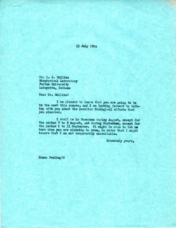 Letter from Linus Pauling to L.J. Mullins. Page 1. July 23, 1954