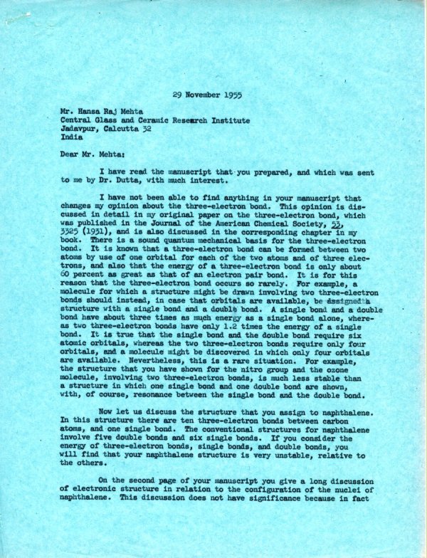 Letter from Linus Pauling to Hansa Raj Mehta Page 1. November 29, 1955