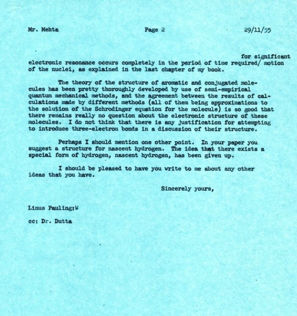 Letter from Linus Pauling to Hansa Raj Mehta Page 2. November 29, 1955