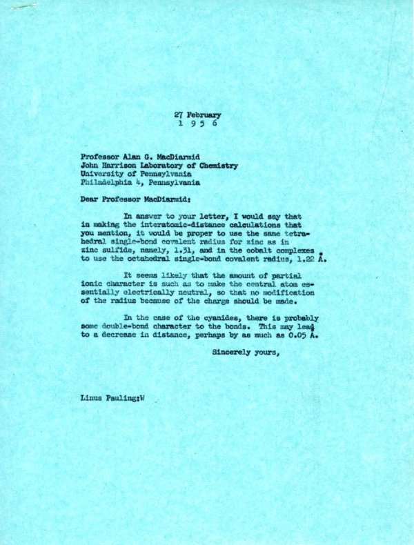 Letter from Linus Pauling to Alan G. MacDiarmid. Page 1. February 27, 1956