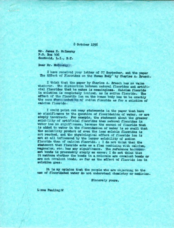 Letter from Linus Pauling to James H. McInerny. Page 1. October 8, 1956