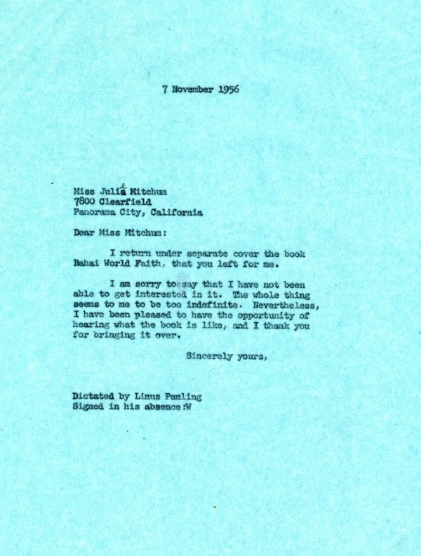 Letter from Linus Pauling to Julie Mitchum. Page 1. November 7, 1956