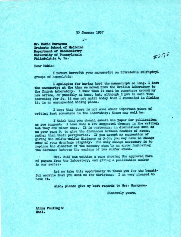 Letter from Linus Pauling to Makio Murayama. Page 1. January 30, 1957