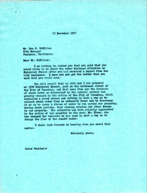 Letter from Linus Pauling to Don C. McMillan. Page 1. December 17, 1957