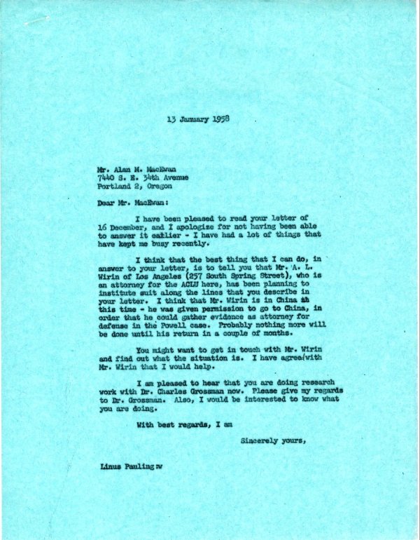 Letter from Linus Pauling to Alan M. MacEwan. Page 1. January 13, 1958