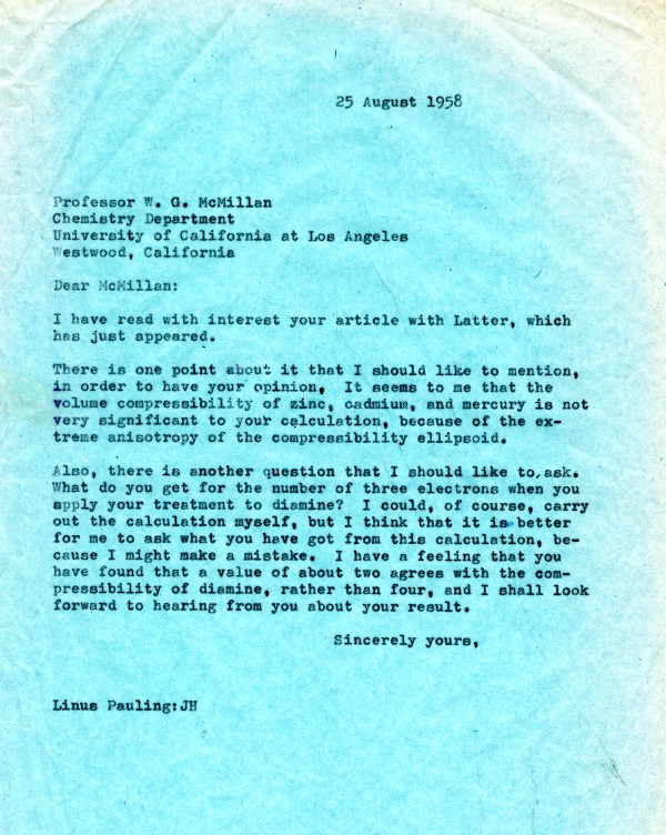 Letter from Linus Pauling to W.G. McMillan. Page 1. August 25, 1958