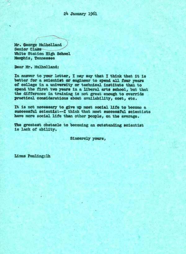 Letter from Linus Pauling to George Mulholland. Page 1. January 24, 1961
