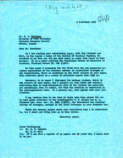 Letter from Linus Pauling to Alex Morrison. Page 1. September 9, 1963