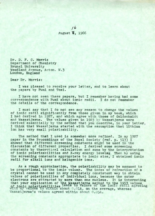 Letter from Linus Pauling to D. F. C. Morris. Page 1. August 16, 1966