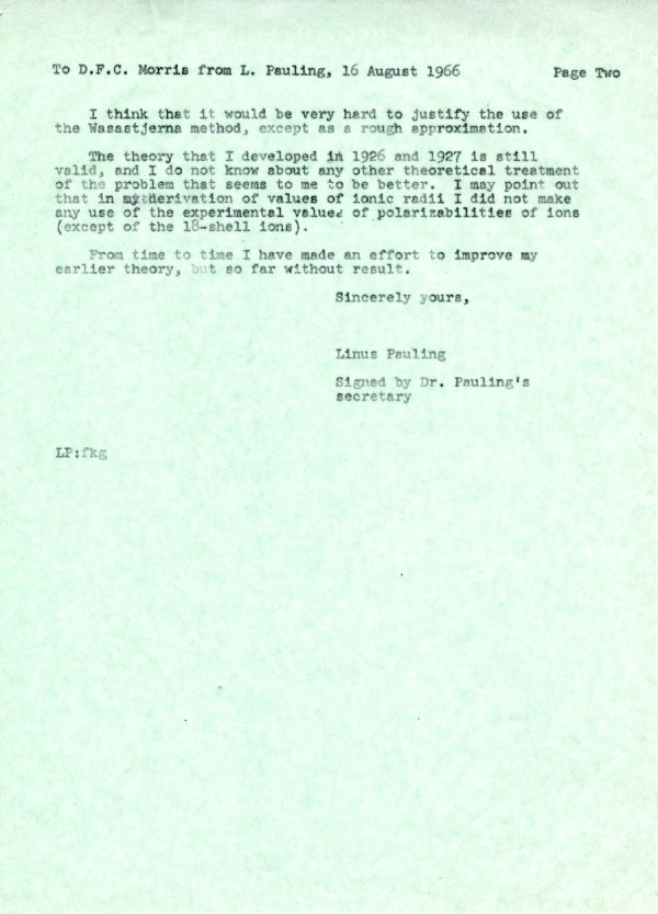 Letter from Linus Pauling to D. F. C. Morris. Page 2. August 16, 1966