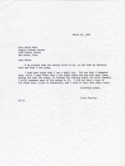 Letter from Linus Pauling to Edith Mark. Page 1. March 19, 1968