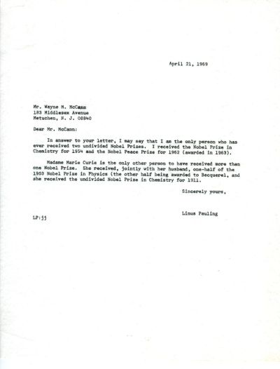 Letter from Linus Pauling to Wayne M. McCann. Page 1. April 21, 1969
