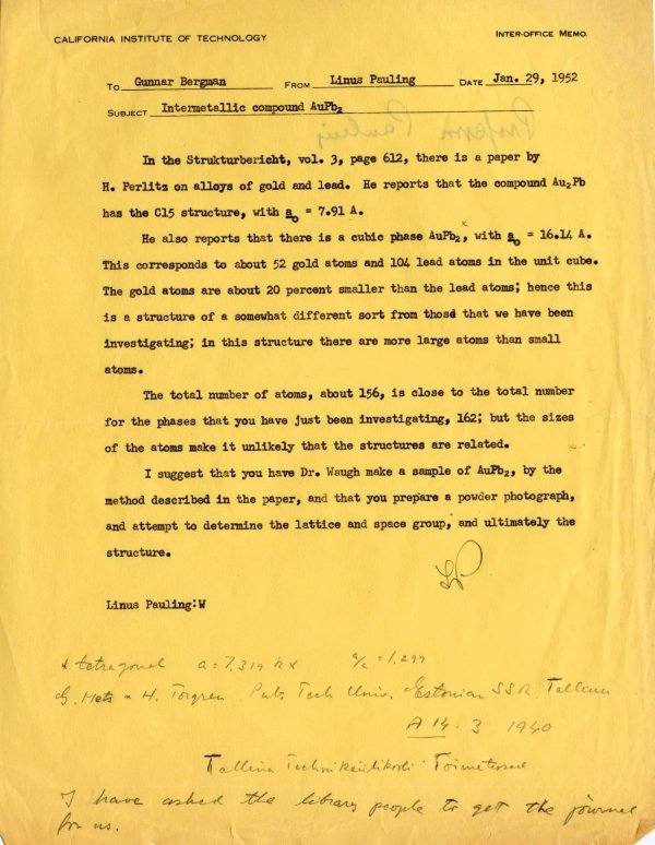 Letter from Linus Pauling to Gunnar Bergman Page 1. January 29, 1952