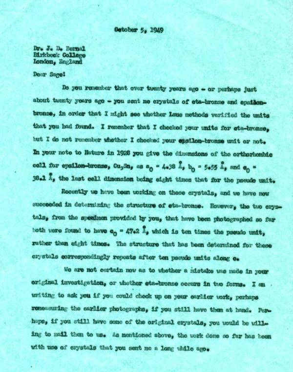 Letter from Linus Pauling to J.D. Bernal. Page 1. October 5, 1949