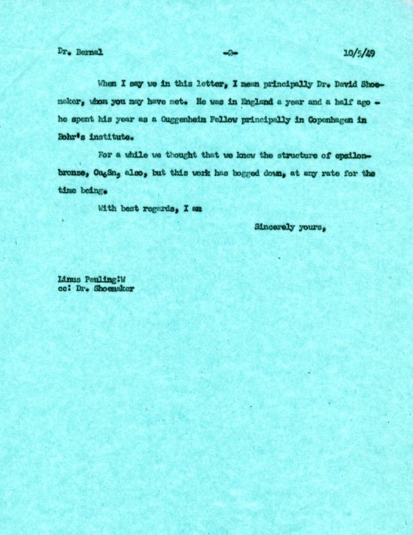 Letter from Linus Pauling to J.D. Bernal. Page 2. October 5, 1949