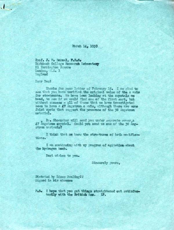 Letter from Linus Pauling to J.D. Bernal. Page 1. March 14, 1950