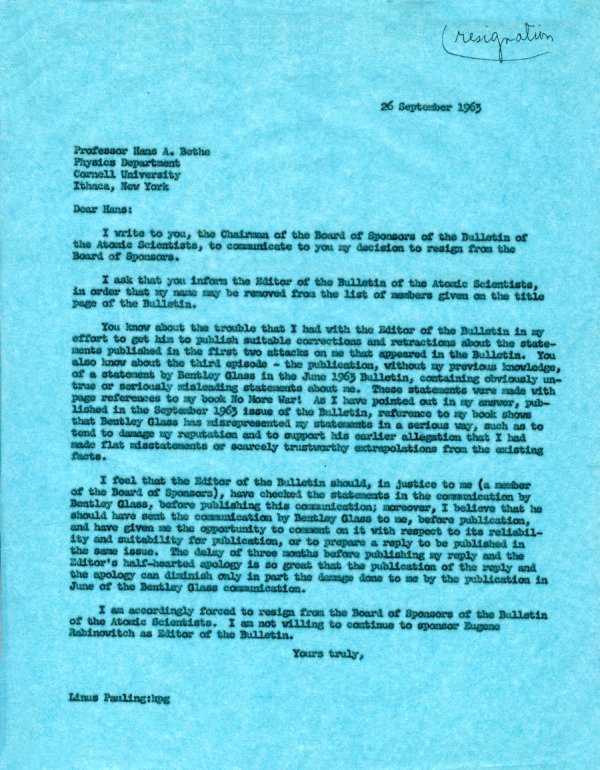 Letter from Linus Pauling to Hans Bethe. Page 1. September 26, 1963