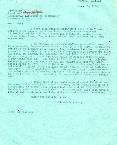 Letter from Linus Pauling to George Beadle. Page 1. January 31, 1948