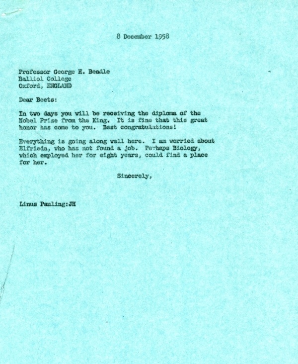 Letter from Linus Pauling to George Beadle. Page 1. December 8, 1958