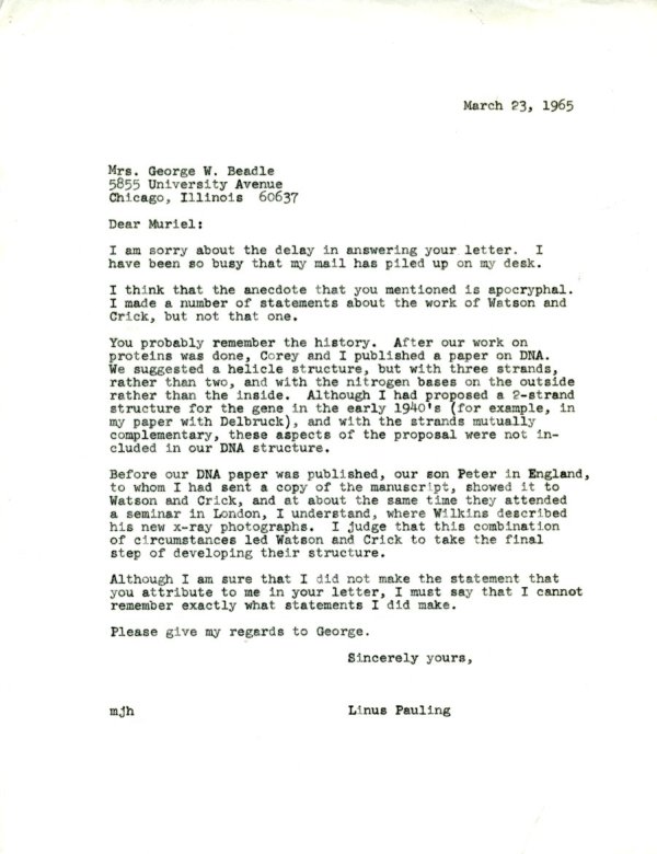 Letter from Linus Pauling to George Beadle. Page 1. March 23, 1965