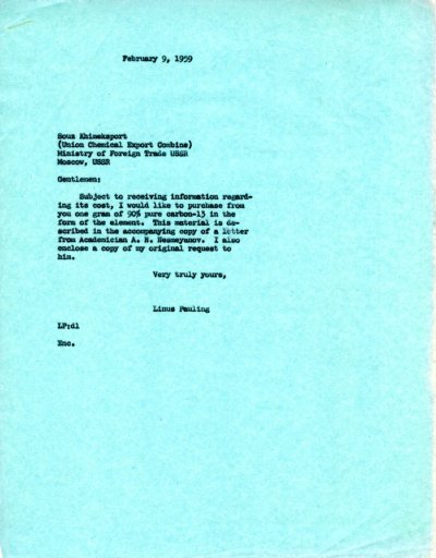 Letter from Linus Pauling to Sous Khimeksport. Page 1. February 9, 1959