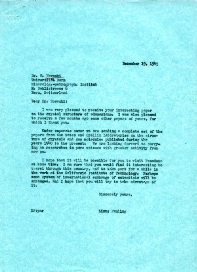 Letter from Linus Pauling to Werner Nowacki. Page 1. December 19, 1945