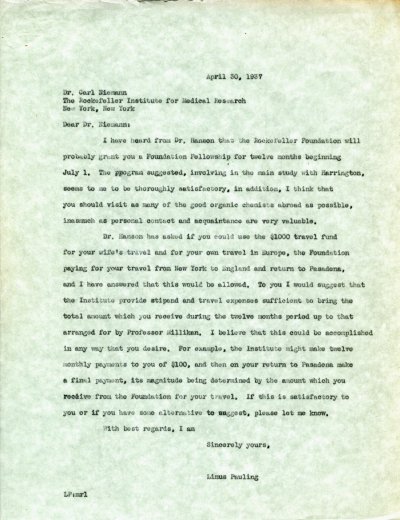 Letter from Linus Pauling to Carl Niemann. Page 1. April 30, 1937