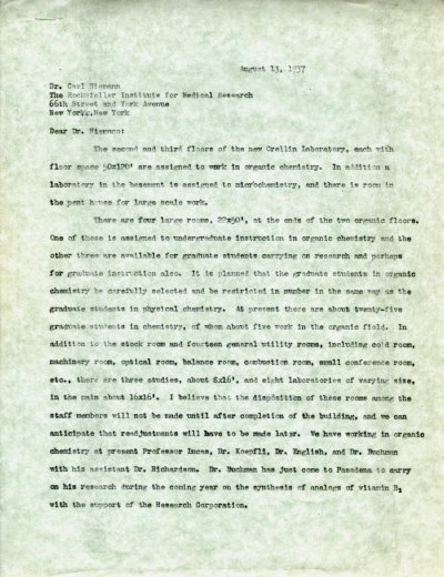Letter from Linus Pauling to Carl Niemann. Page 1. August 13, 1937