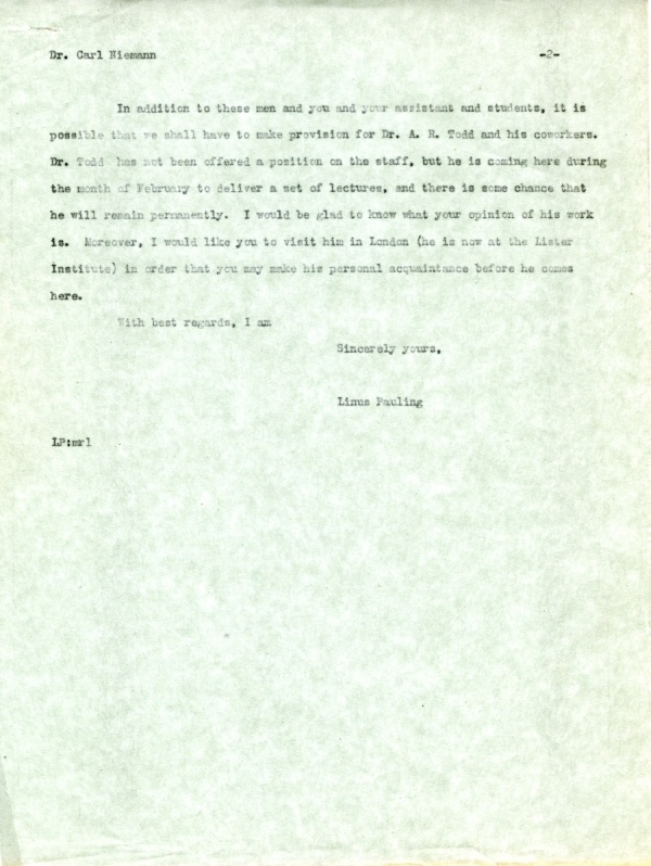 Letter from Linus Pauling to Carl Niemann. Page 2. August 13, 1937