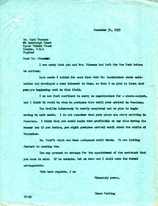 Letter from Linus Pauling to Carl Niemann. Page 1. December 31, 1937