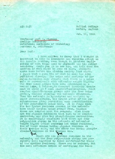 Letter from Linus Pauling to Carl Niemann. Page 1. February 18, 1948