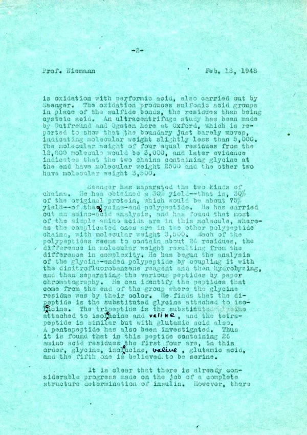 Letter from Linus Pauling to Carl Niemann. Page 2. February 18, 1948