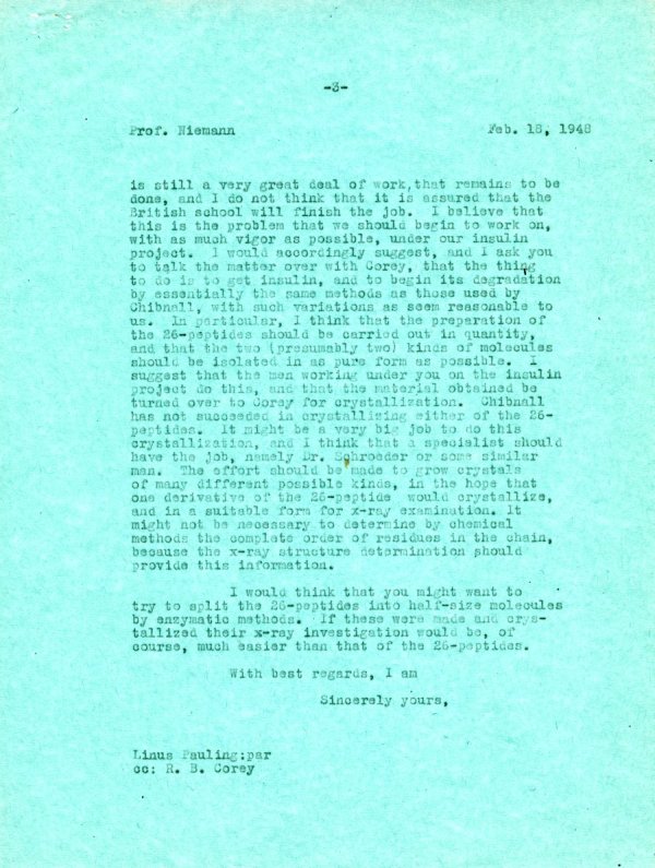 Letter from Linus Pauling to Carl Niemann. Page 3. February 18, 1948