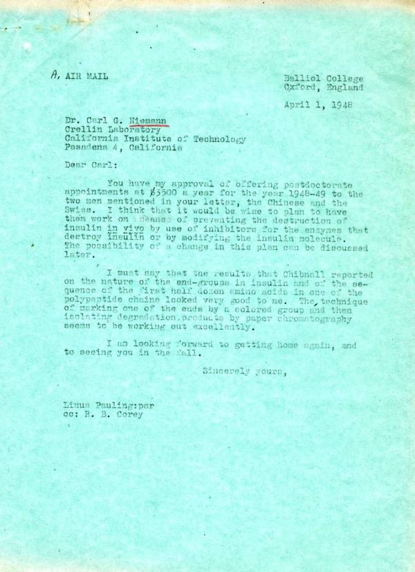 Letter from Linus Pauling to Carl Niemann. Page 1. April 1, 1948