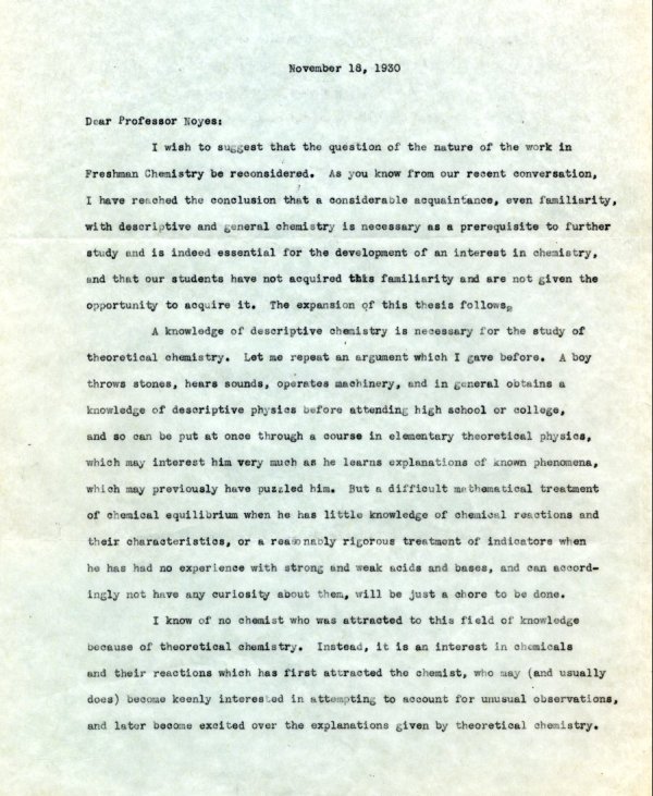Letter from Linus Pauling to A.A. Noyes. Page 1. November 18, 1930